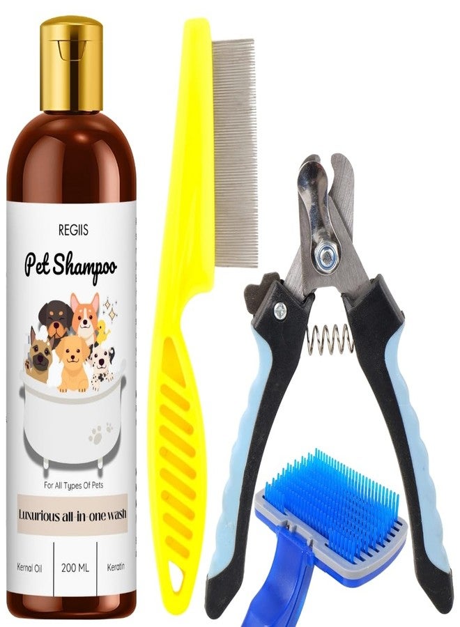 REGIIS Pet Grooming Kit with Shampoo, Nail Clipper, Flea Comb, Self-Cleaning Brush, 4-Piece Dog Grooming Set, 200ML All-in-One Wash for Dogs, Cats(4 Pack) - Image 1